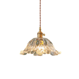 Japanese Floral Glass Pendant Light, Brass