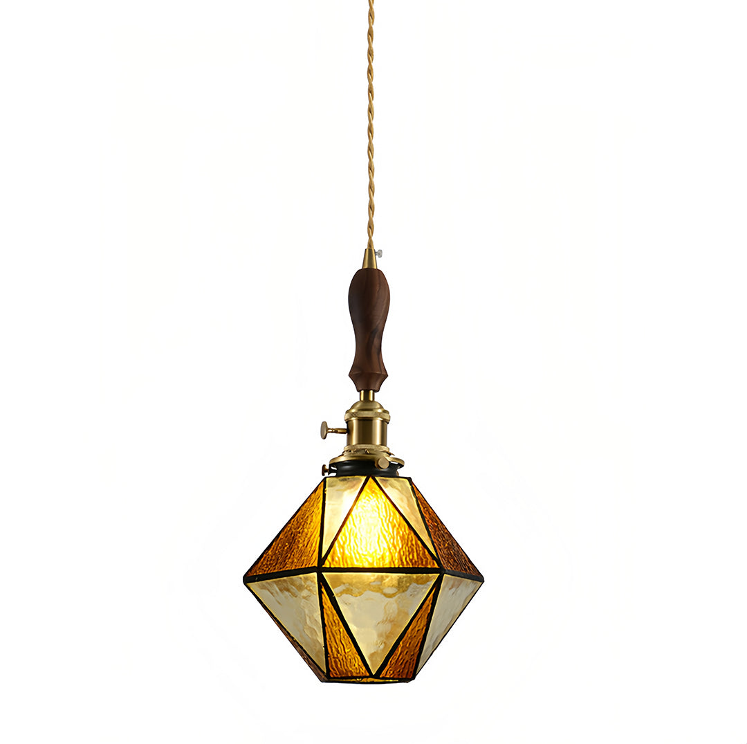 Diamond Pendant Light, Vintage Brass & Wood