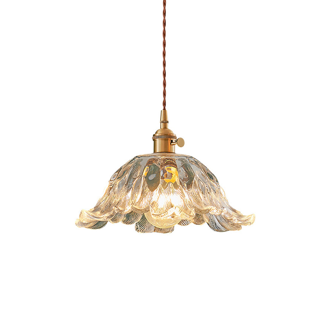 Japanese Floral Glass Pendant Light, Brass