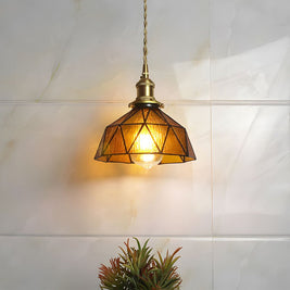 Vintage Stained Glass Pendant Light, Copper