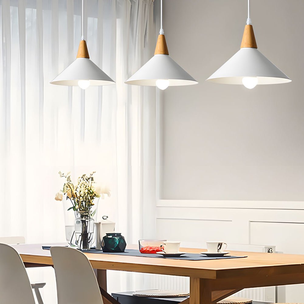 White Cone Pendant Light with Wood Top