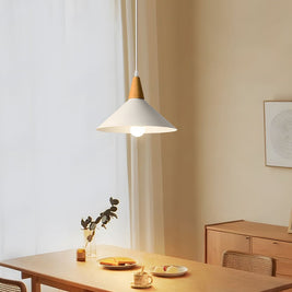White Cone Pendant Light with Wood Top