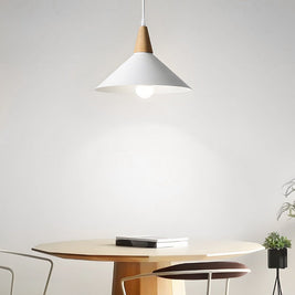 White Cone Pendant Light with Wood Top