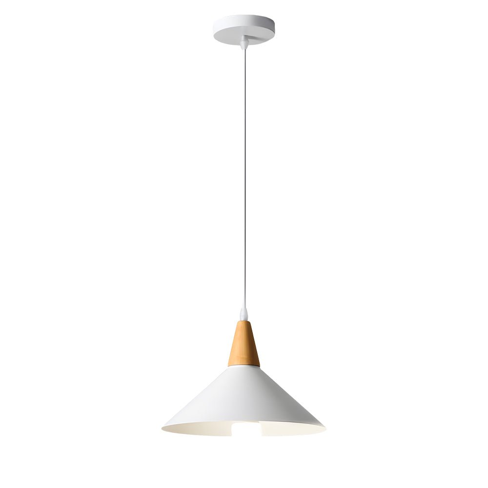 White Cone Pendant Light with Wood Top