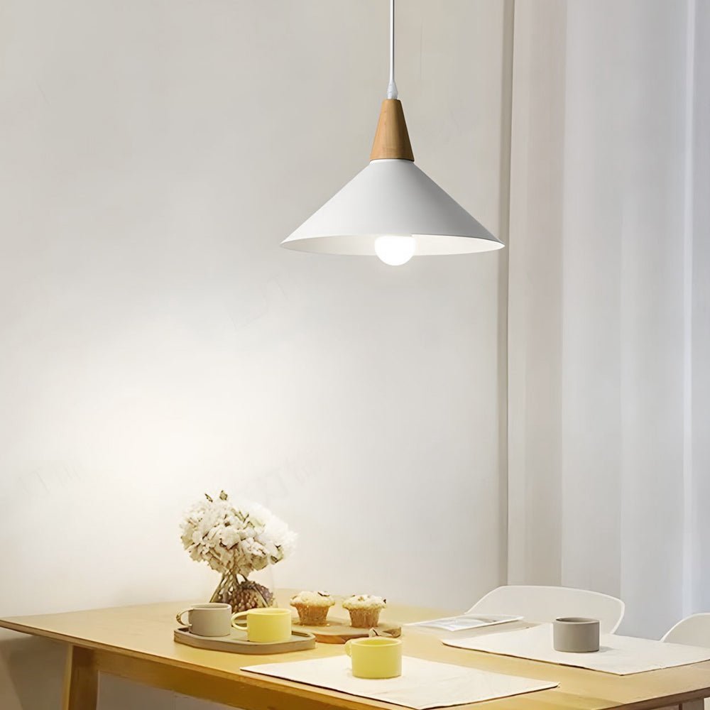 White Cone Pendant Light with Wood Top