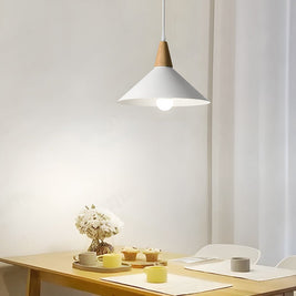 White Cone Pendant Light with Wood Top